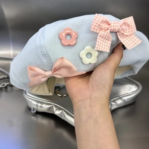 Sweet light blue beret with pink satin bows and 3D floral accents for women