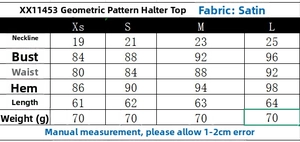Guide des tailles pour haut dos nu en satin avec mesures de poitrine et taille en cm