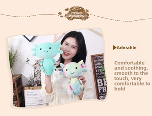 Detail of plush axolotl toys in mint green and rainbow tie-dye with soft texture