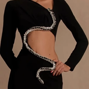 Elegant black long sleeve mermaid dress with rhinestone snake cutout detailing