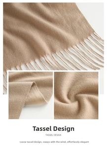 Detail of beige cashmere-feel scarf featuring soft tassel edges and fine knit texture