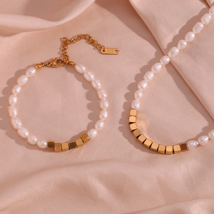Artificial Pearl Necklace Bracelet Set 316L Stainless Steel Square Beads 18K Gold Plated Minimalist Jewelry For Women