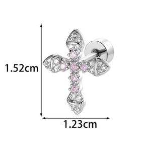 Cross-shaped cartilage piercing with micro-pave pink cubic zirconia stones, 1.52cm x 1.23cm
