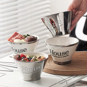 Luxury ceramic conical bowls set in metallic silver and cream glaze for home dining