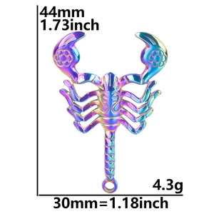Rainbow plated stainless steel scorpion charm with exact size 44mm by 30mm dimensions