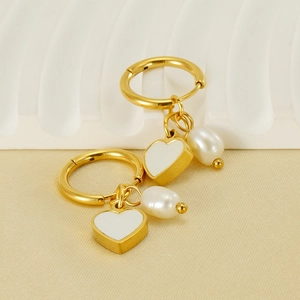 Boucles d'oreilles cœur en acier inoxydable doré 18K avec perles élégantes de style français