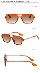 Three-view layout of pilot sunglasses with brown gradient lenses and gold metal temples