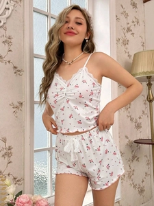 Detail view of the lace floral camisole top and shorts set with ribbed texture