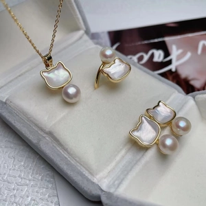 Freshwater Pearl Necklace Earrings Ring Cat Mother Of Pearl Shell Gold Plated Copper Jewelry For Women Girls Gift