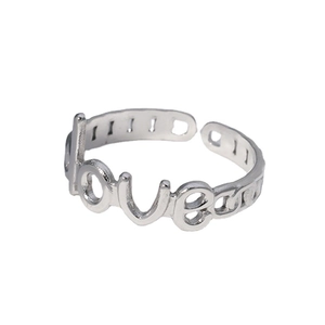 Adjustable silver titanium steel open ring featuring a minimalist cutout LOVE design