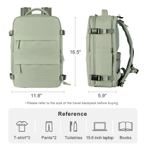 Vista detallada de tamaño y capacidad de la mochila de viaje verde para portátil de 15,6 pulg