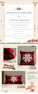 Detail of red and black buffalo plaid Christmas pillow cover with white snowflake embroidery