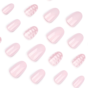 Glossy light pink short round press-on nails set with minimalist lattice detail