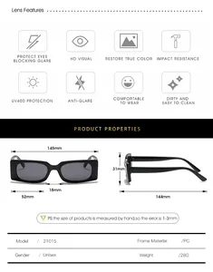 Detail view of small square sunglasses showing UV400 protection and HD lens features