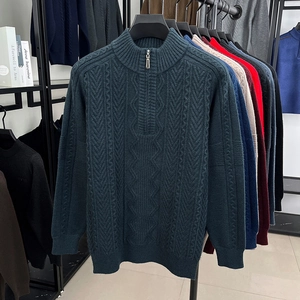 Close-up of cable-knit texture and half-zip collar on men's winter sweater
