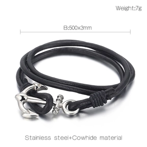 Multilayer black leather anchor bracelet with polished stainless steel clasp on white background