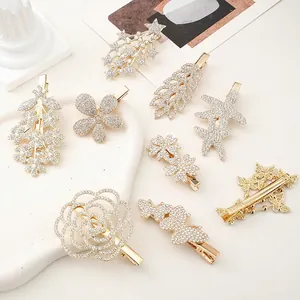Elegant Rhinestone Duckbill Hair Clip Alloy Metal Sparkling Flower Butterfly Leaf Shape Bangs Side Slide For Women