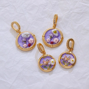 Vintage purple floral enamel jewelry set with pearls and crystals in gold setting