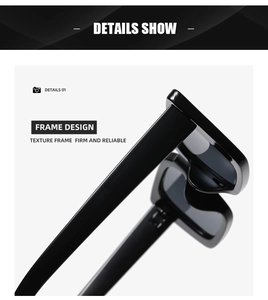 Detail showing the firm and glossy black frame design of these square sunglasses