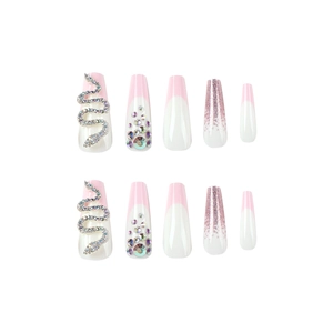 Pink French press-on nails with glitter and luxury 3D rhinestone snake accents