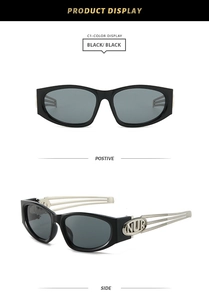 Close-up of black square sunglasses with metallic hollow logo on temples and black lenses