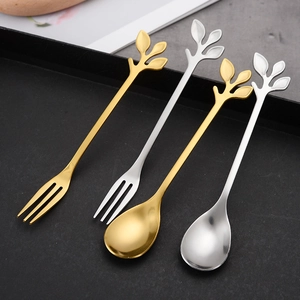 410 Stainless Steel Leaf Dessert Spoon And Fork Creative Branch Handle Coffee Stirring Tableware European Retro Style