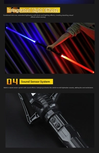 Close-up of industrial black handle dual LED lightsaber with red and blue light effects