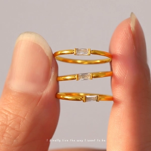 Rectangle Zirconia Ring Stainless Steel Gold Plated Thin Band Minimalist Stackable Elegant Finger Jewelry For Women