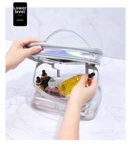 Macro detail of the lower compartment of a double-layer clear PVC travel toiletry bag