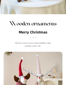 Detail of plush Christmas reindeer dolls with warm LED light strings and wooden bases