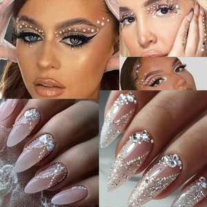 Mix of white half-pearls, silver rhinestones and 3D bow charms for nail art and face makeup