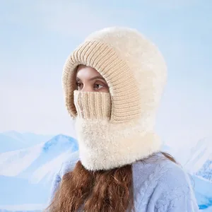 Winter Balaclava Beanie Hat Thick Fleece Lined Plush Integrated Face Mask Neck Warmer Outdoor Windproof Warm Women
