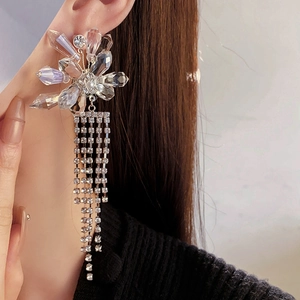 Detail of crystal flower earrings with dangling rhinestone tassels worn by a model