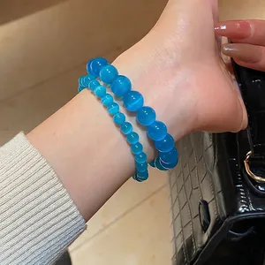 Blue cat eye stone beaded bracelets set for women with elegant cat eye optical effect