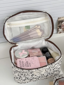 Borsa cosmetica a fiori in velluto a coste con grande capacità e scomparti a rete