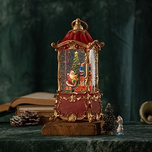 Vintage red Christmas lantern snow globe with Santa Claus, LED lights and music
