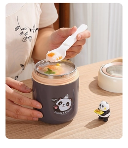 Bol à soupe isotherme gris foncé avec motif panda et cuillère pliante pour repas