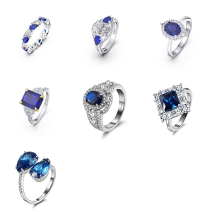 S925 sterling silver rings set featuring blue gemstones in diverse elegant cuts