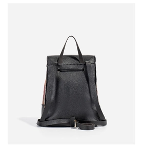 Rear view of black PU leather bucket backpack showing adjustable straps and drawstring closure