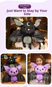 Detail of bat plush dolls featuring moon and star embroidery with leather wing textures
