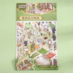 DIY 3D landscape stickers with vintage jewelry and furniture motifs on green background