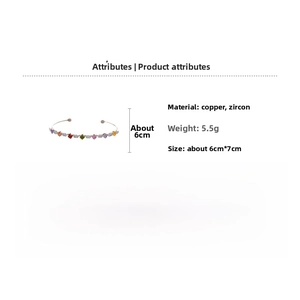 Detail view of rainbow zircon cuff bracelet in rose gold finish with 6cm diameter