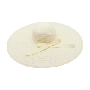 Wide brim sun hat in cream beige with large ribbon bow for summer beach vacation