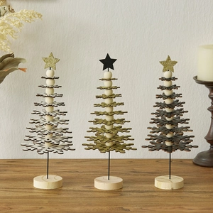 Three-piece mini wooden Christmas tree set with gold glitter and star toppers