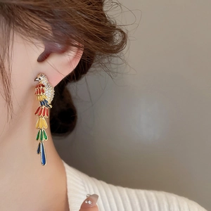 Colorful parrot tassel drop earrings with sparkling rhinestones and gold plating finish