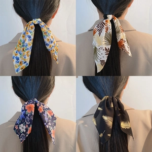 Floral chiffon hair scarf scrunchies set with assorted botanical patterns for women