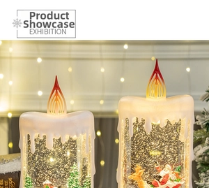 Close-up of LED Christmas snow globe candles with glitter and festive winter scenes