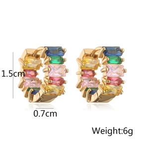 Macro view of geometric gold earrings with multicolored rectangular zircons and dimensions