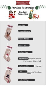 Detailed specs of polyester Christmas stockings with reindeer and Santa motifs