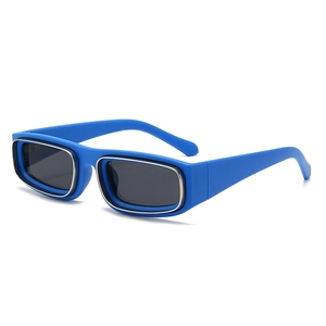 Retro small rectangle blue sunglasses with dark grey lenses and silver metal trim
